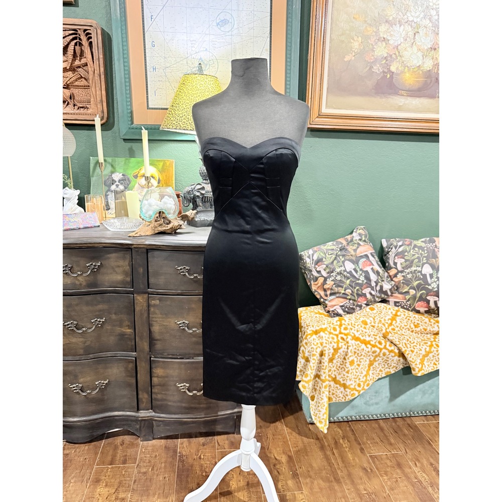 Bebe Black Satin‎ Strapless Sweetheart Midi Cocktail Dress Womens Small USA Made